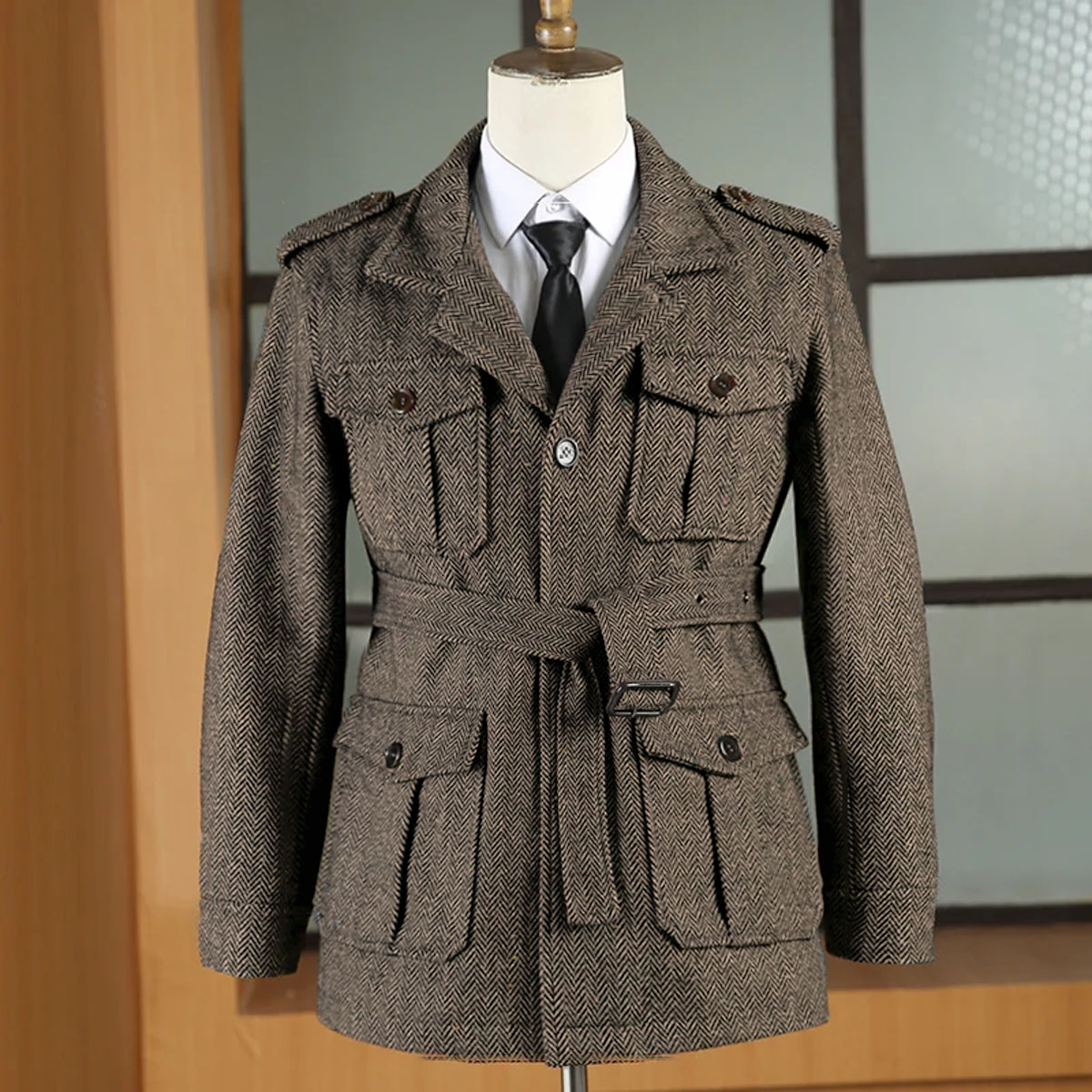 Jagdjacke Britischer Herren-Retro-Sportmantel mit mehreren Taschen und Gürtel, Fischgrätenmuster, Business, lässiger Reversanzug, Blazer, Smoking