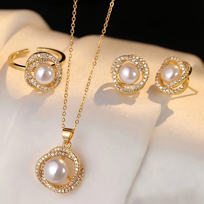 Conjunto de joyería con diamantes de imitación, 4 Uds., incluye collar, pendientes, anillo, collar elegante Vintage adornado con perlas de imitación en pétalos