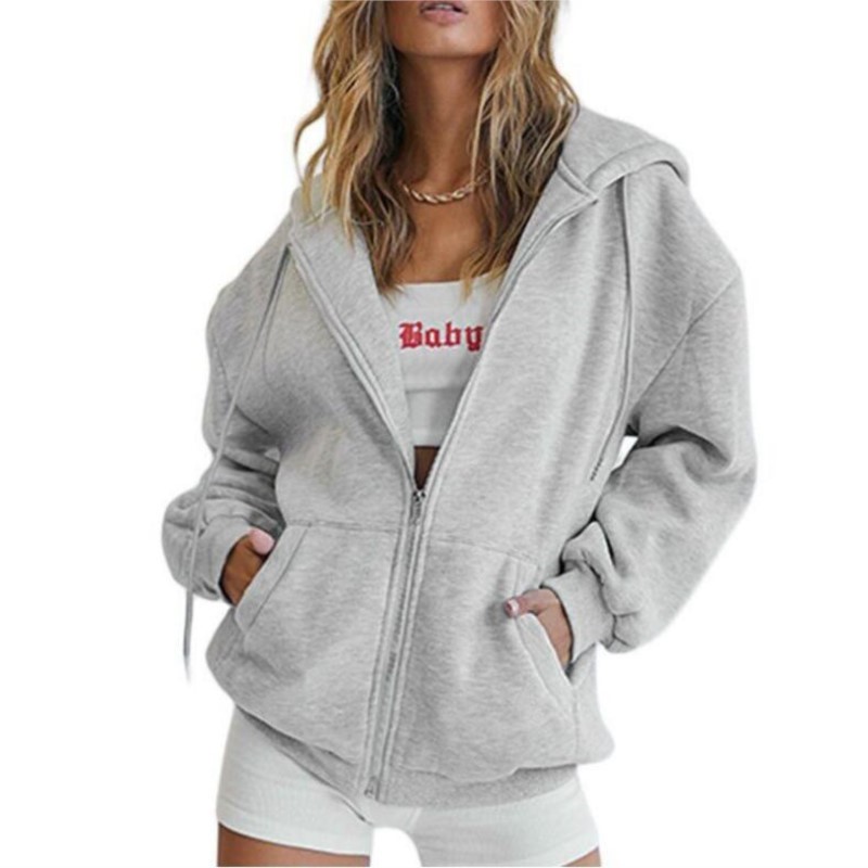 Sudadera gris con cremallera para mujer, chaqueta de otoño e invierno, ropa con capucha, sudaderas con bolsillos diarios, sudaderas con capucha lisas y versátiles de manga larga para mujer
