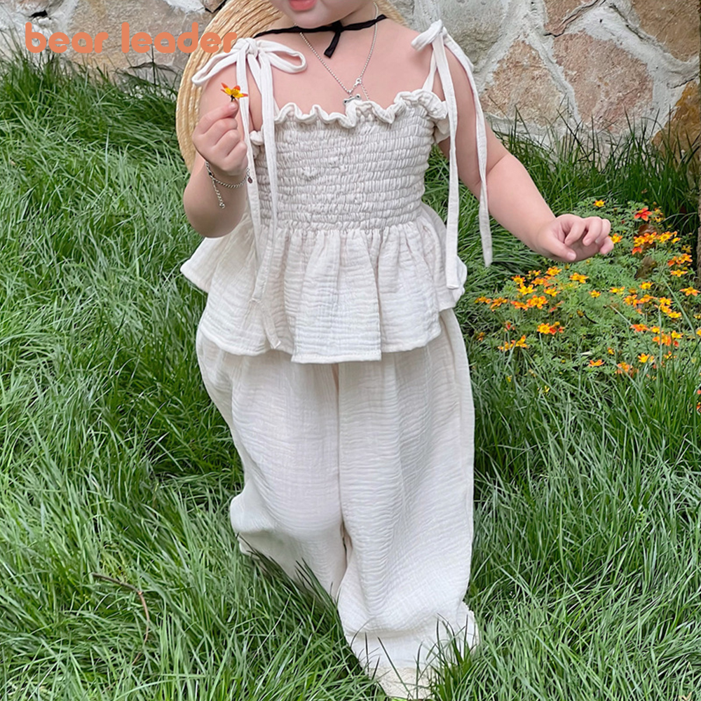 Bear Leader Korean Children Kids Clothing Set Girls Summer Organic Cotton  Camisole Top Lace Wide Leg Pants Trousers Outfits