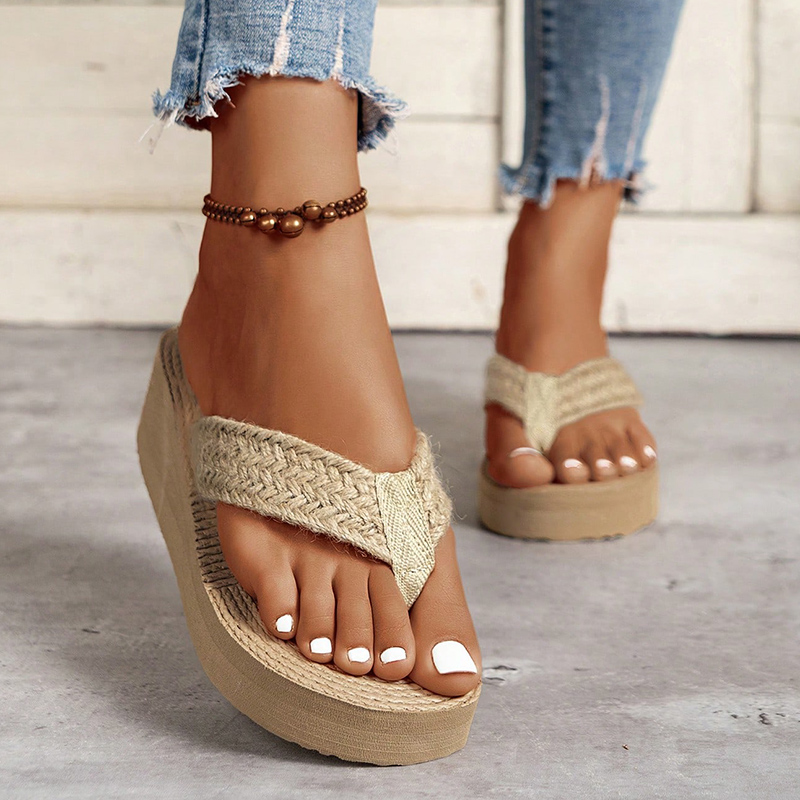 Stro Touw Geweven Wedge Slippers Vrouwen Lichtgewicht Dikke Bodem Strand Slippers Vrouw 2025, Zomer Clip Toe Platform Sandalen
