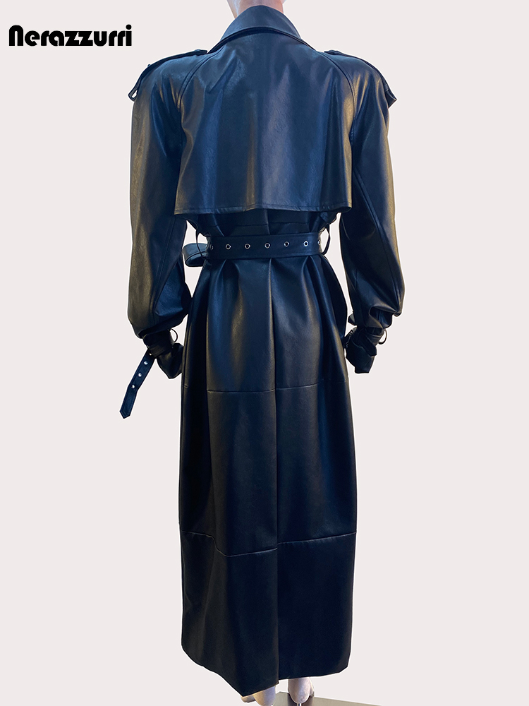 Nerazzurri otoño negro Extra largo impermeable gabardina de piel sintética para mujer manga raglán cinturón suelto Casual Maxi abrigo