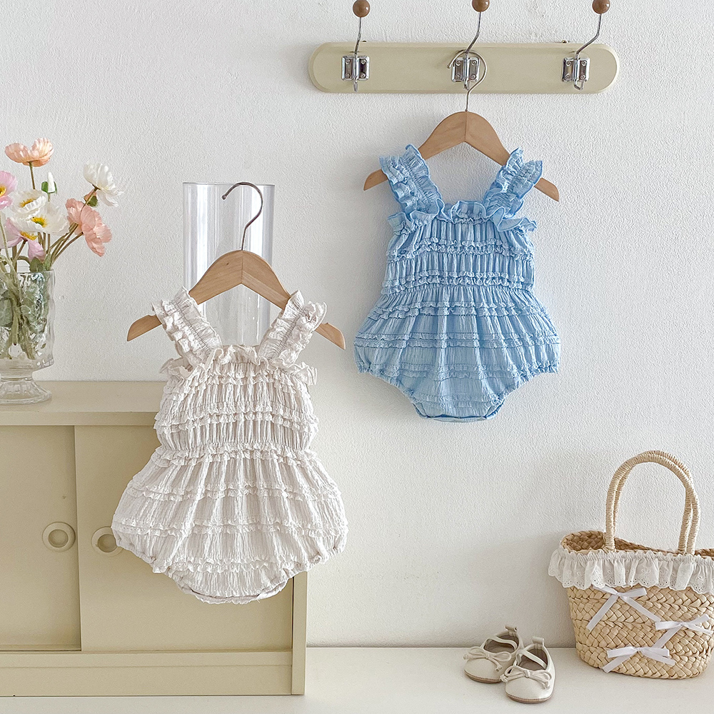 Bebê recém-nascido menina macacão verão sem mangas smocked algodão infantil bodysuit roupas de bebê 0-24 meses casual babados macacões
