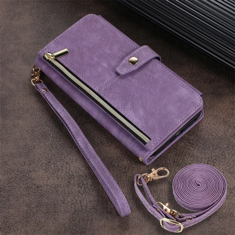 Phone Case for Samsung Galaxy S23 S24 FE S25 Ultra Edge S22 Plus A16 A06 A26 A36 A56 A15 A35 A55 Cover Zipper Wallet Crossbody
