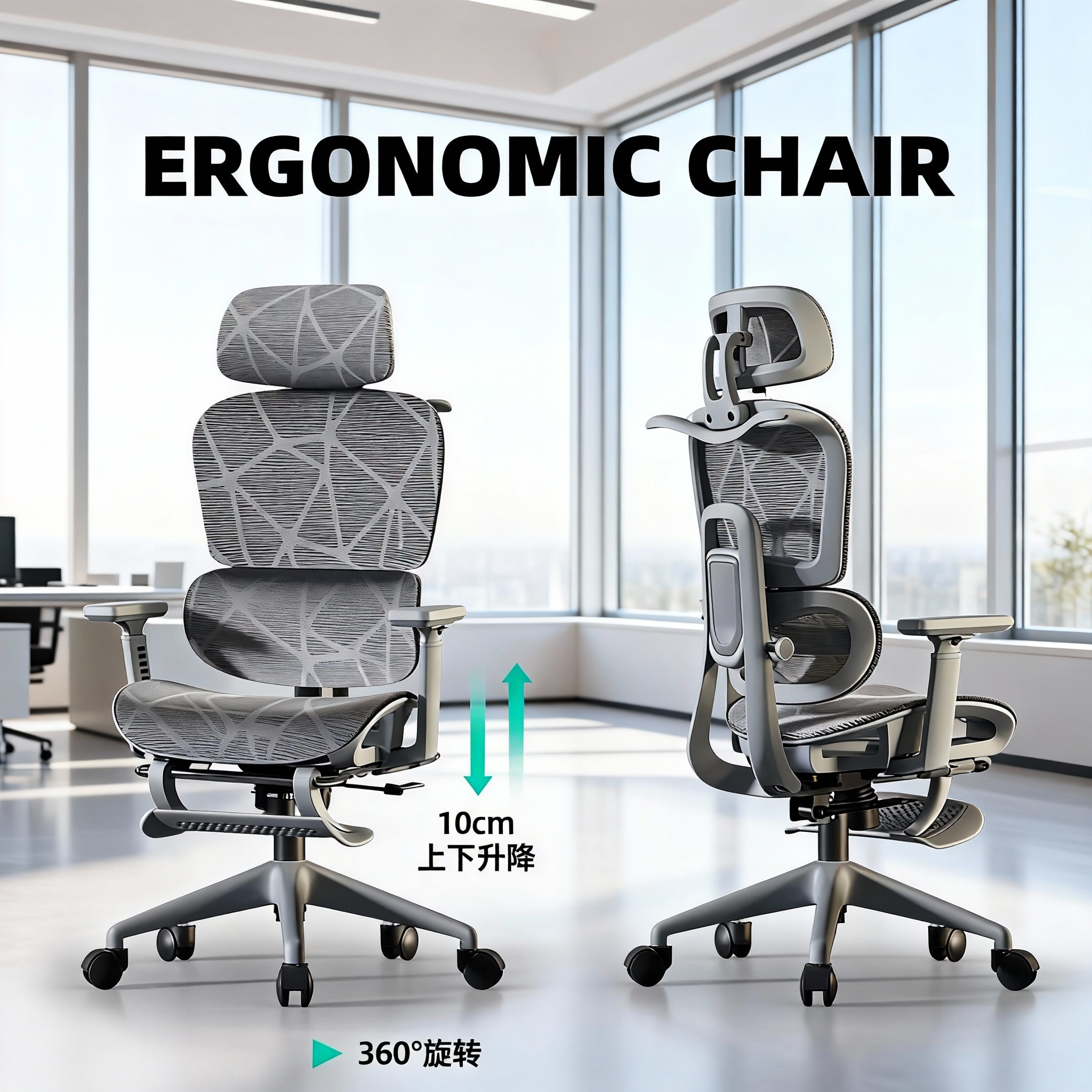 Ergonomiczne krzesło biurowe z wysokim oparciem, krzesło biurkowe z siatki, regulowane wsparcie lędźwiowe, zagłówek, podłokietniki, krzesło biurowe, artykuły gospodarstwa domowego