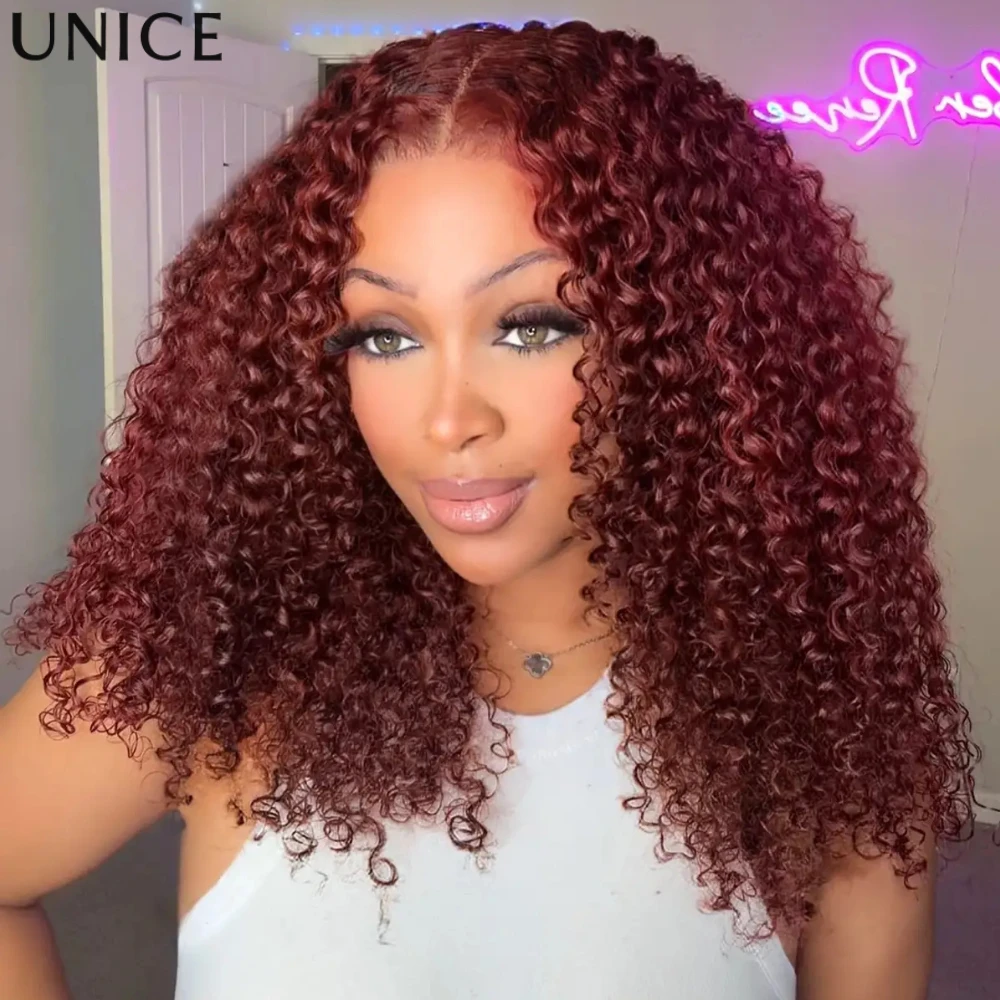 UNice 7x5 Bye-Bye Knots Reddish Brown Curly Human Hair Wig With Drawstring Pre Cut Pre Bleached Glueless Wigs