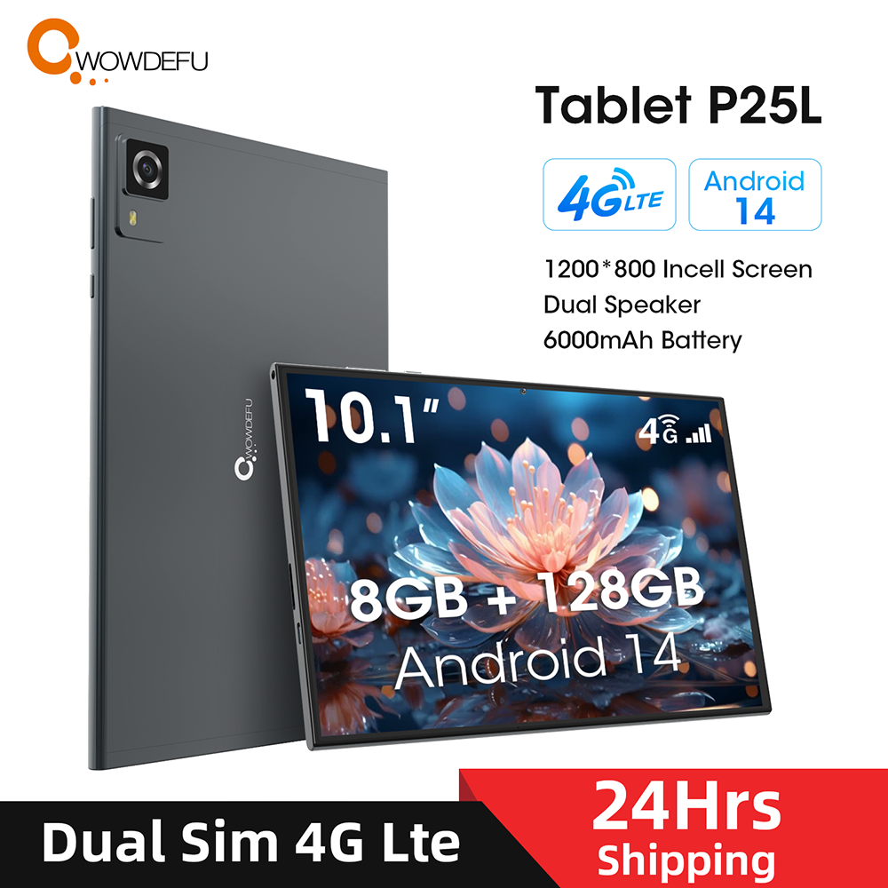 CWOWDEFU Android 14 Tablet mit Dual SIM 4G entsperrt 8 GB (4 + 4) RAM 128 GB ROM Octa Core 2,3 GHz 10,1 Zoll 5 + 8 MP Kamera 6000 mAh WiFi-6 GPS