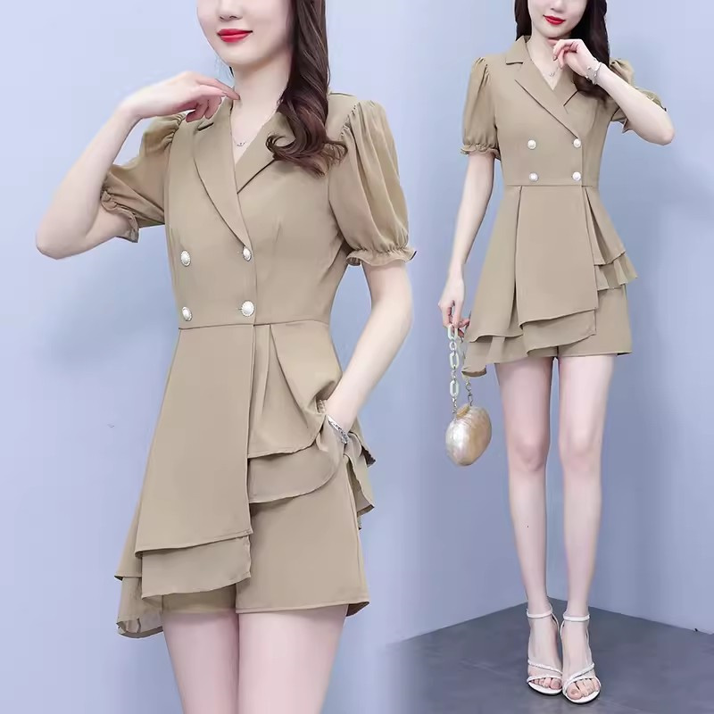 Grote maat 5XL Dames zomer 2026 nieuwe modieuze Franse veelzijdige patchwork pak top en shorts set slanke tweedelige set