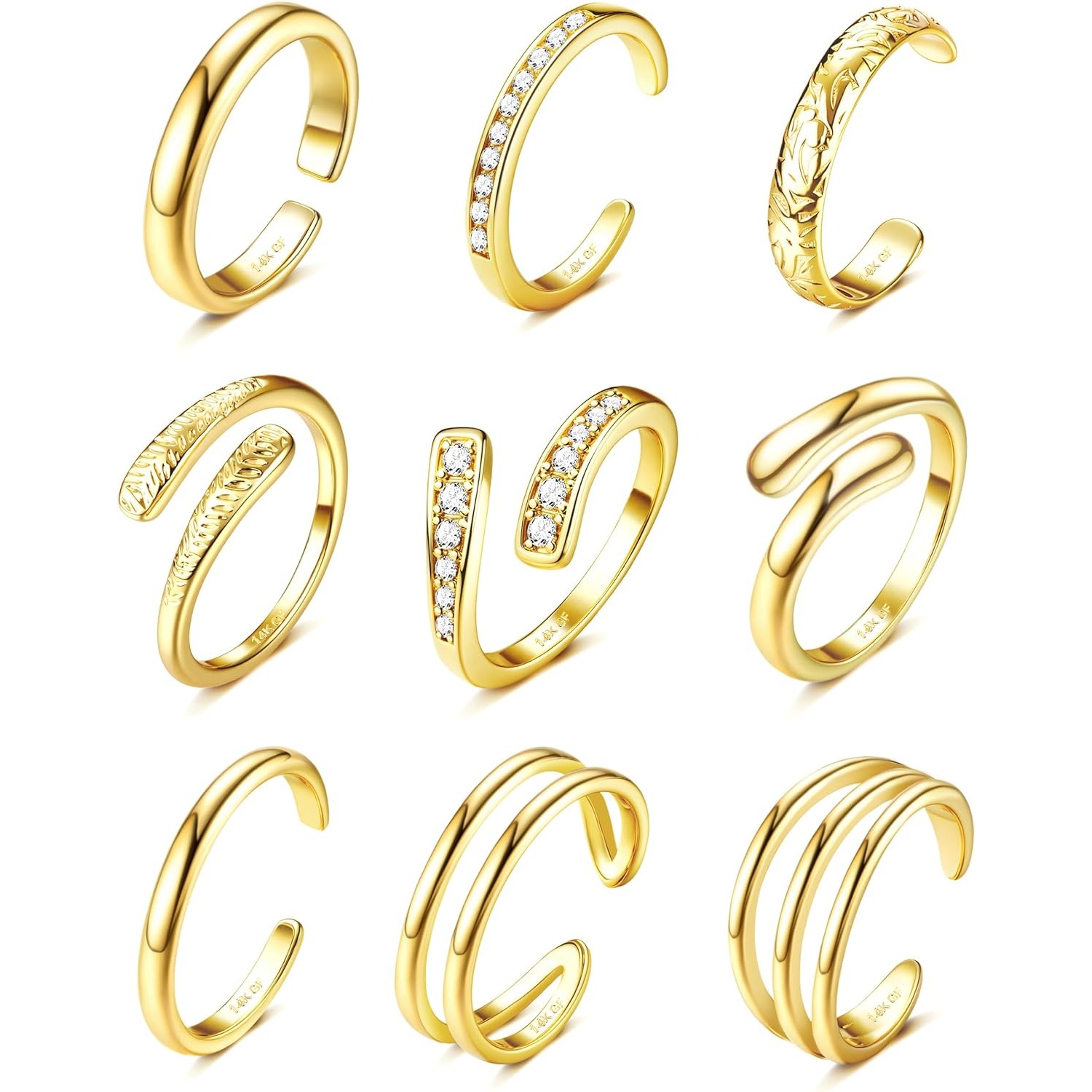 Bobisty Teenringenset voor vrouwen, 14K verguld, eenvoudige Hug CZ drievoudige bandringen, verstelbare teenringen, zomerstrandvoetsieraden