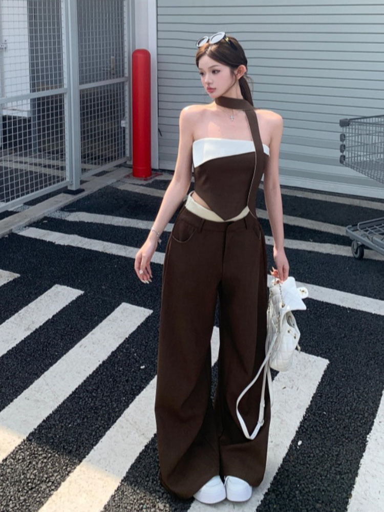 2024 Zomer Nieuwe High Street Contrast Kleur Patchwork Sexy Onregelmatige Hemd Vrouwen Losse Casual Wijde Pijpen Tweedelig Pak