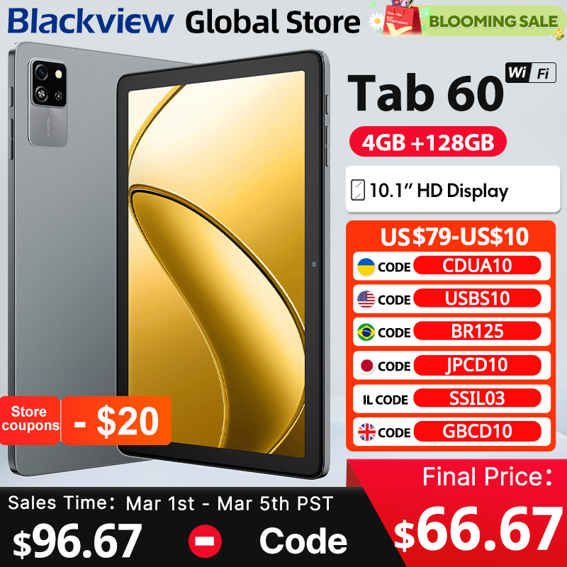 Blackview tab 60 wifi tablet 10.1 Polegada hd ips display widevine l1 12gb (4 + 8expand) 128gb modo pc wifi6 5100mah android 14 pad pc