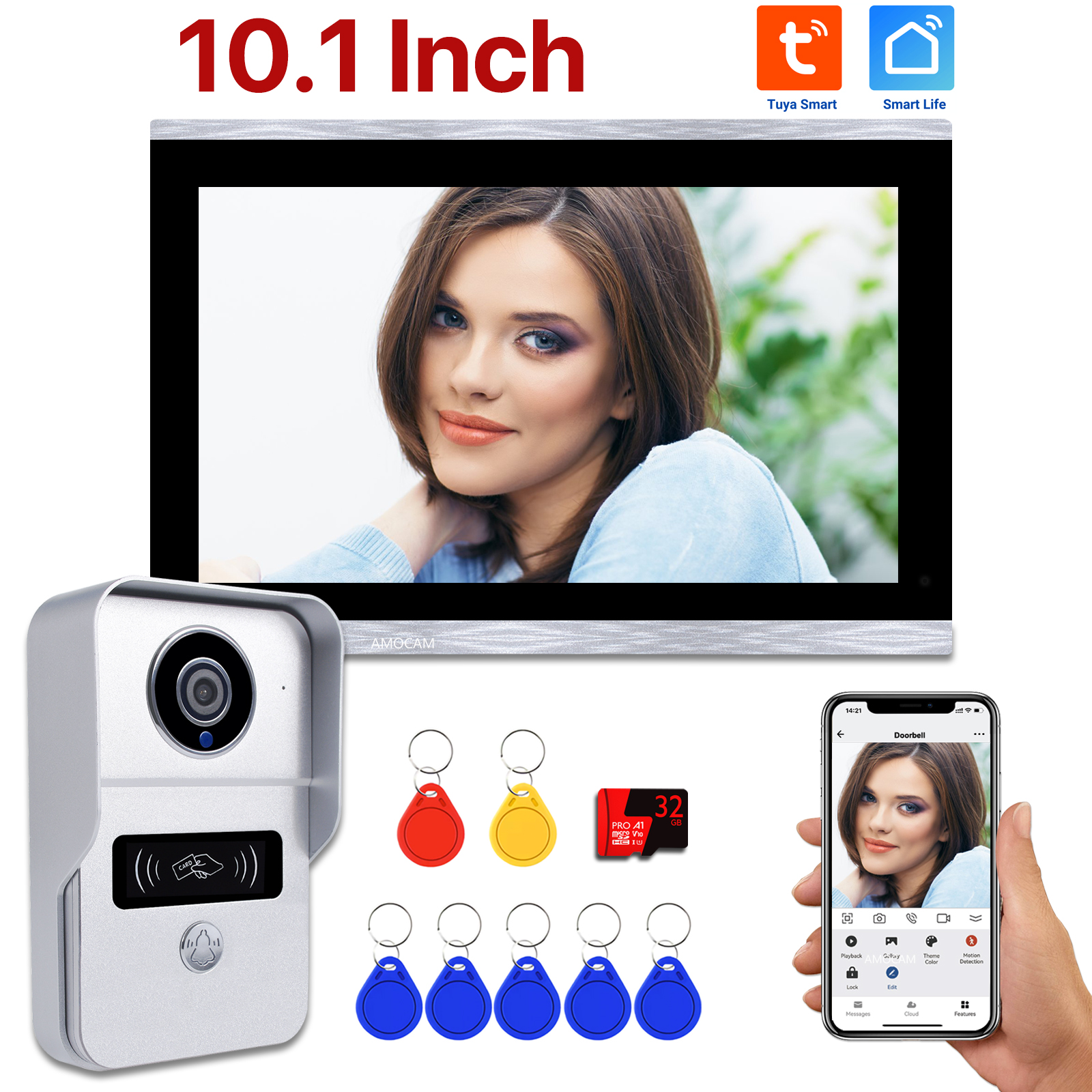 Timbre de vídeo Wifi con pantalla táctil de 1080P, 10 pulgadas, 7 ", videoportero inteligente TUYA para el hogar, Kit de cable de tarjeta de 32G, ID de detección de movimiento Unlcok