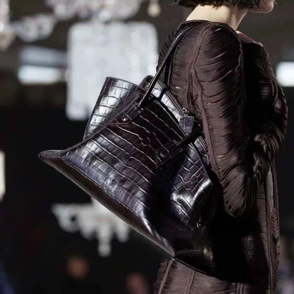 Annmouler Sac à bandoulière asymétrique de luxe en cuir, sac fourre-tout spécial à couches géométriques à motif crocodile, banlieue vintage pour femmes B