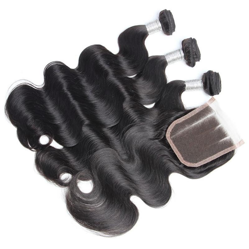 Extensiones de Cabello Humano Remy Brasileño Virgen sin Procesar con Cierre de Encaje 4x4 5x5 y Ondas Corporales