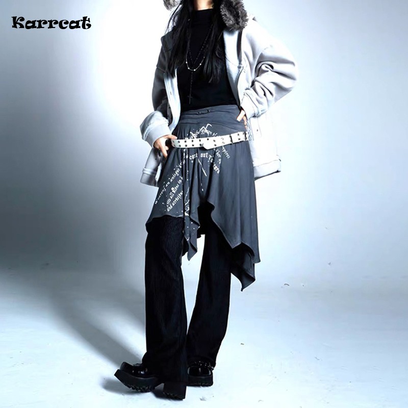 Karrcat Trashy Y2k Юбка с принтом граффити Винтаж Harajuku Необычная юбка Гранж Эстетика Серая юбка High Street Американский ретро