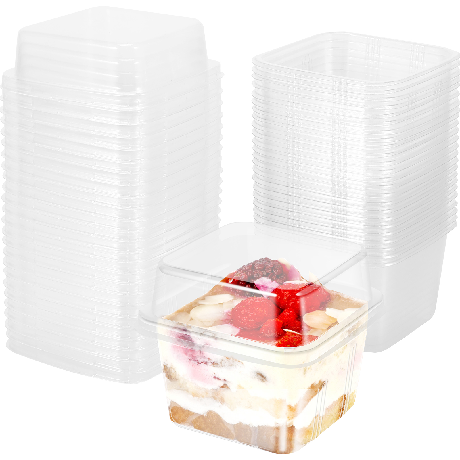 Gobelets à Dessert en plastique, 50 pièces, 8oz, carré transparent, boîte à Dessert unique, boîte de rangement de gâteaux scellée pour Muffins, Cupcake, Pudding, Mousse, fête