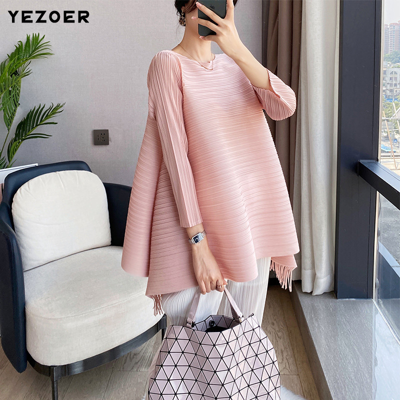 YEZOER-Camiseta plisada con borlas para mujer, top fino holgado con cuello redondo y corte en A, nueva moda de otoño, 2023