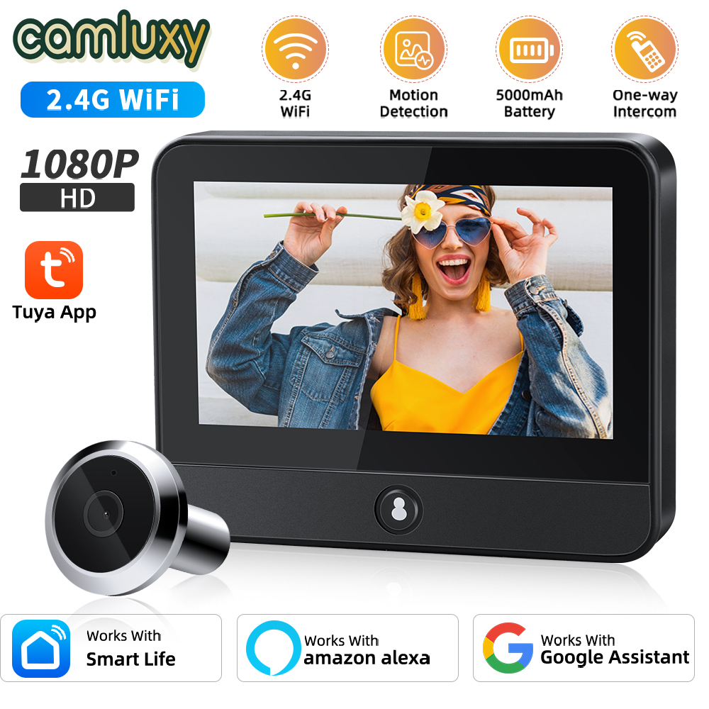 Camluxy Tuya 1080P Wi-Fi 4,3-дюймовая цифровая дверная камера с автоматическим распознаванием дверных глаз, PIR-сигнализация движения, защита дома