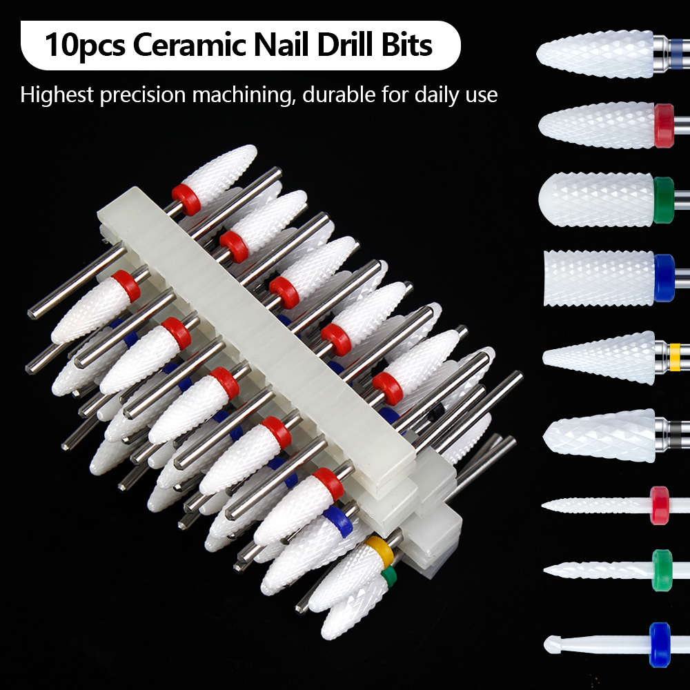 10 ชิ้นเซรามิคเจาะเล็บ Bits ชุดเครื่องตัดไฟฟ้าเล็บบิตเปลวไฟข้าวโพดไฟล์ Pedicure เครื่องภาษาโปลิชคํา Accesoires