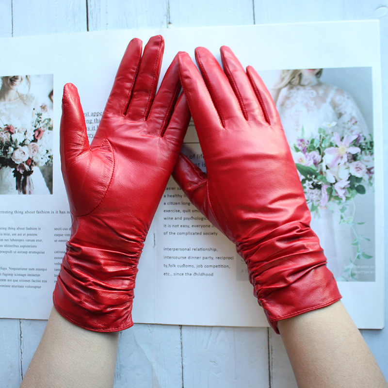Women's Sheepskin Leather Gloves With Velvet Lining For Warmth in Autumn and Winter Outdoor Anti Cold Motorcycle Driving Gloves