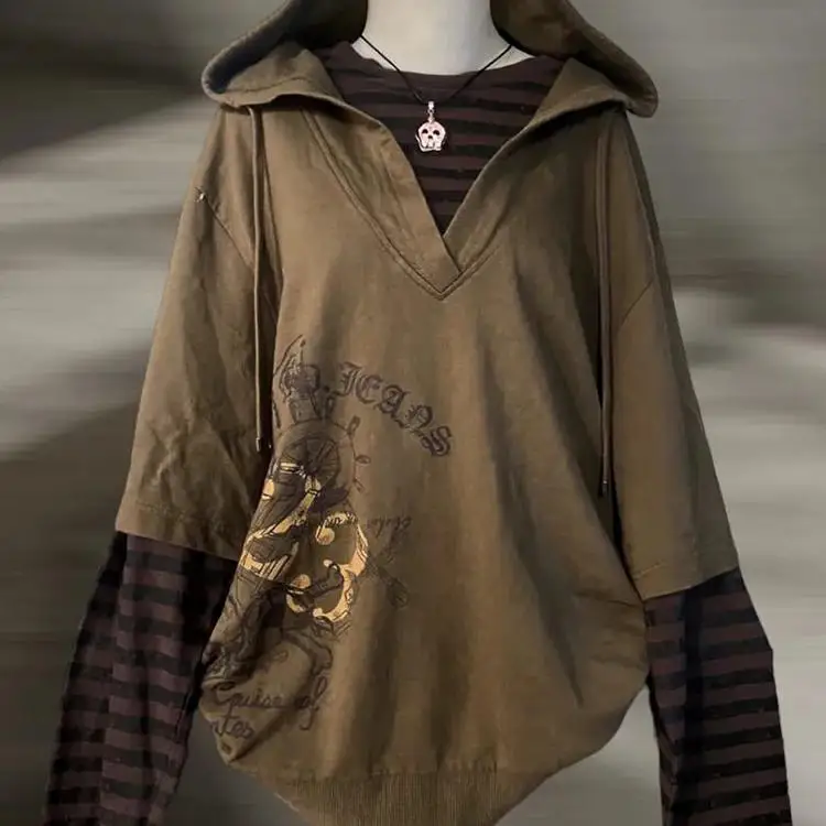 Sudadera de dos piezas falsa marrón de diseño retro americano con capucha vintage Top adelgazante suelto de Asia Central primavera y otoño y2k ins