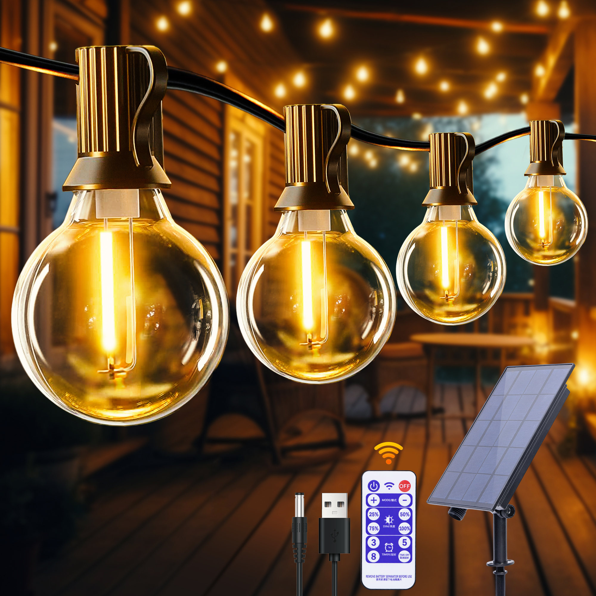 Guirnaldas de luces alimentadas por energía Solar para exteriores, luces de Patio G40 con bombillas LED inastillables, luces colgantes resistentes a la intemperie para bistró en el patio trasero