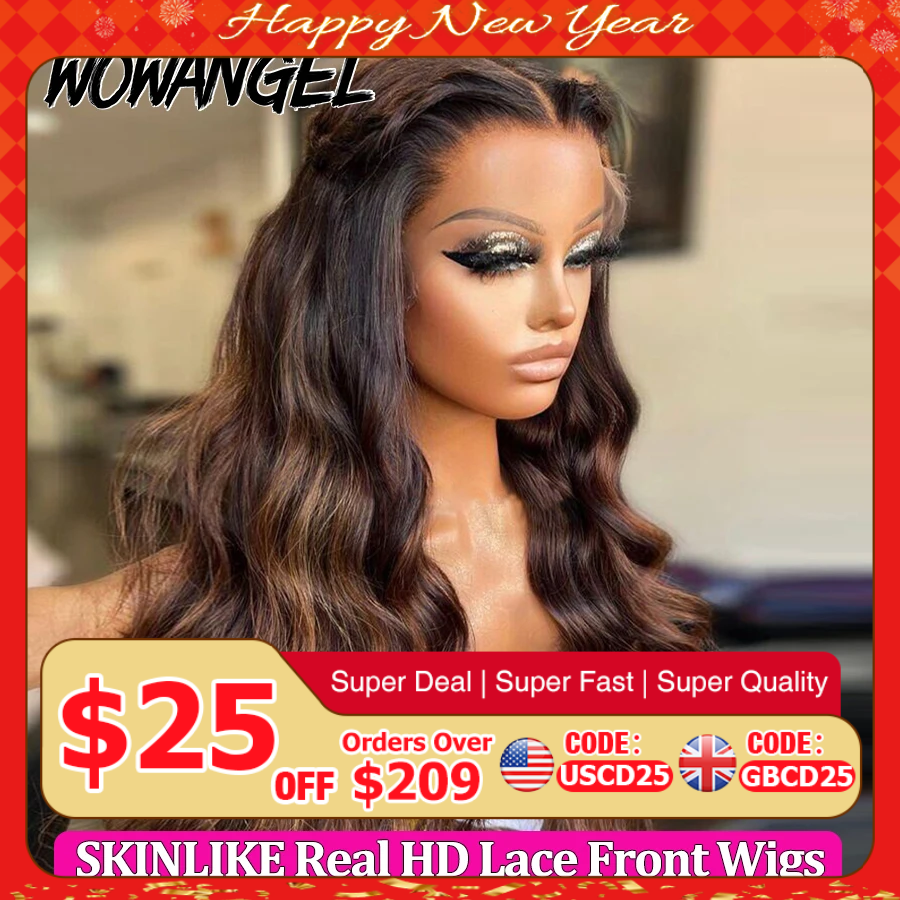 Wowangel-peluca con malla frontal para mujer, pelo marrón ombré, 13x6 HD, resaltado, cuerpo ondulado, cabello humano, derretir todas las pieles, cuero cabelludo Natural