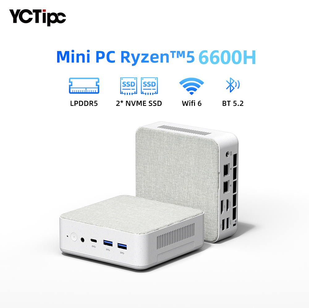 YCTipc Mini PC AMD R5 6600H ordenador de 6 núcleos y 12 hilos 16GB DDR5 512GB PCIe 3,0 SSD WiFi 6 BT5.2 Mini PC ordenador de escritorio