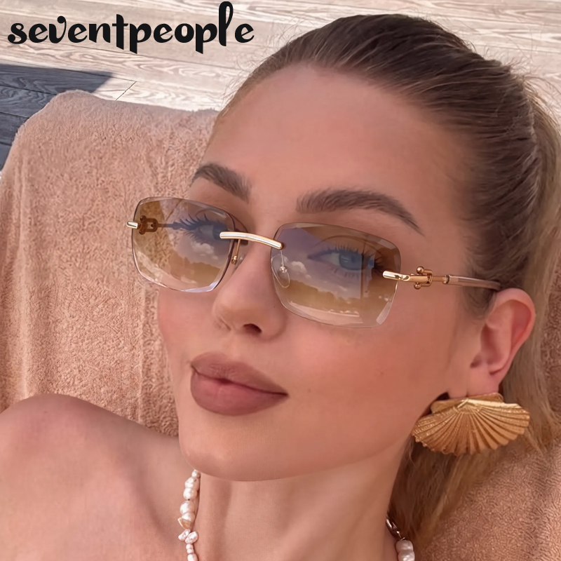 Lunettes de soleil rectangulaires sans monture Steampunk pour femme 2026 – Lunettes de conduite carrées de luxe tendance – Verres classiques UV400