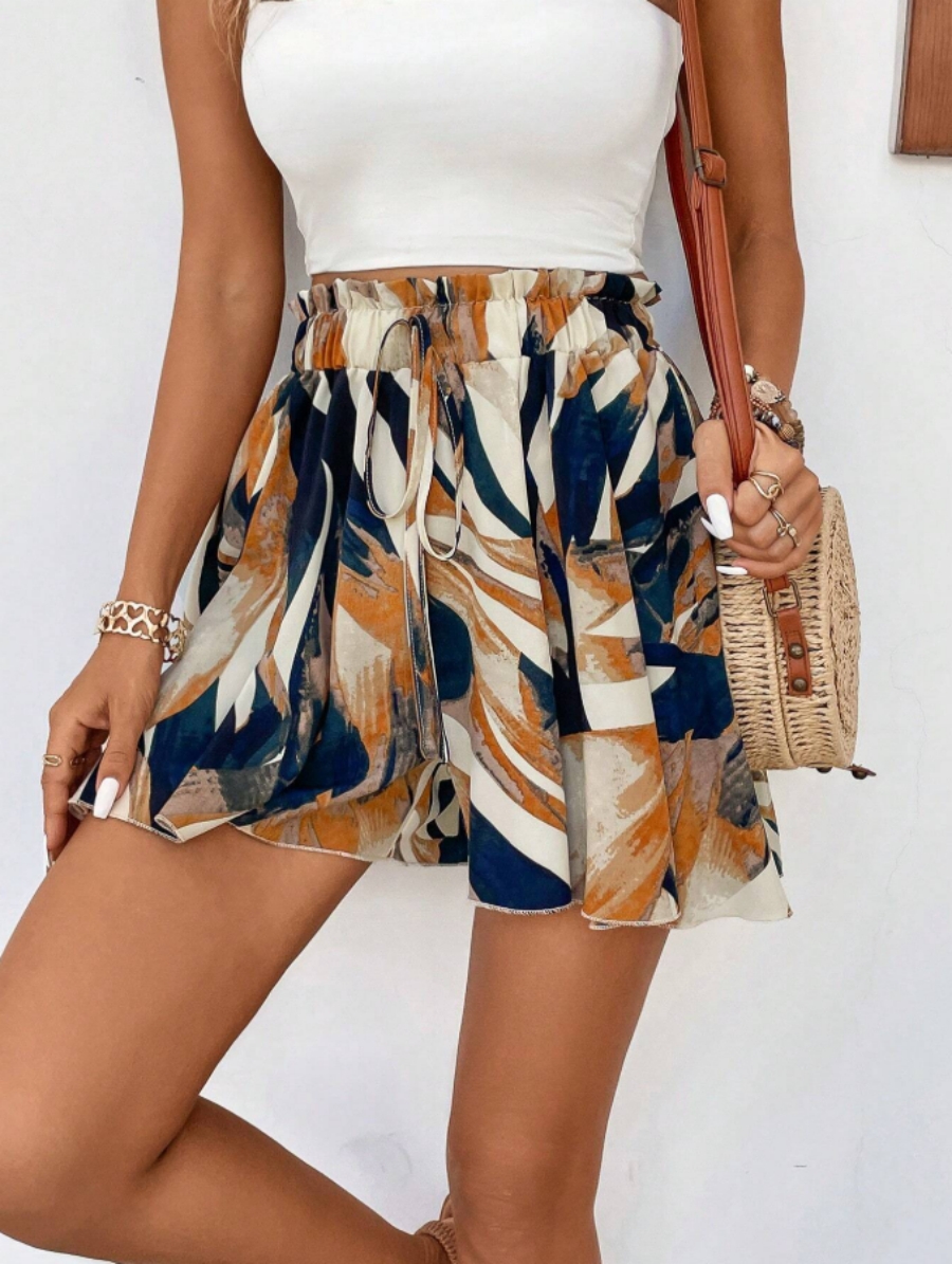 Dames casual shorts Boho abstracte print hoge taille gegolfde zoom taille met trekkoord zwierige A-lijn lente zomer strandvakantie shorts