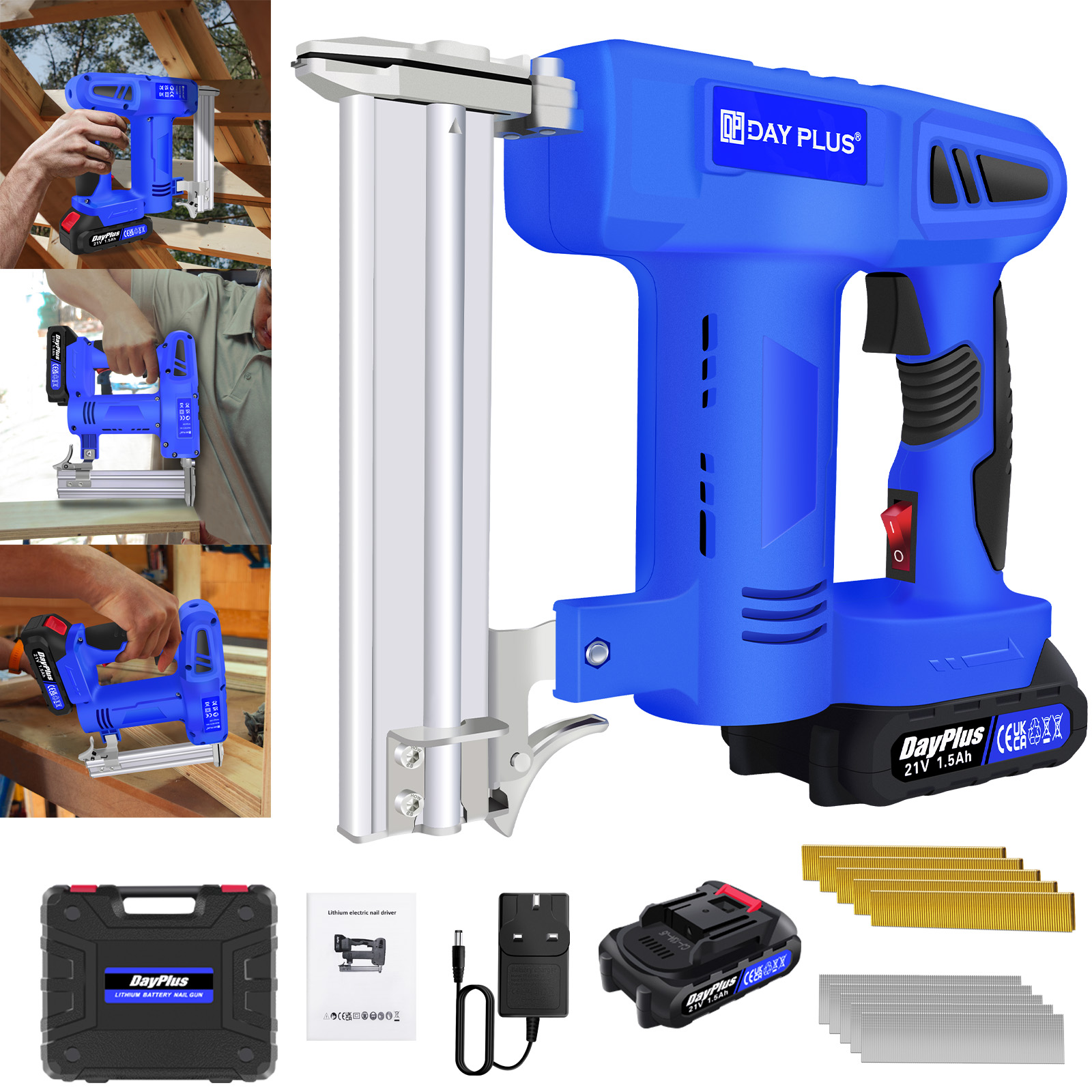 DayPlus Cordless Brad Nailer 21V, pistola sparachiodi 2 in 1/pistola graffatrice, pistola cucitrice alimentata a batteria lavorazione del legno con batteria e caricabatterie