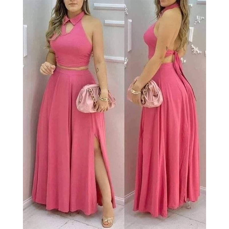 Rosa zweiteiliges Set für Damen, Neckholder-Kragen, bauchfreies Top, geteilter Maxirock, ideal für Abendpartys, Sommerhochzeiten, schicke Ausflüge