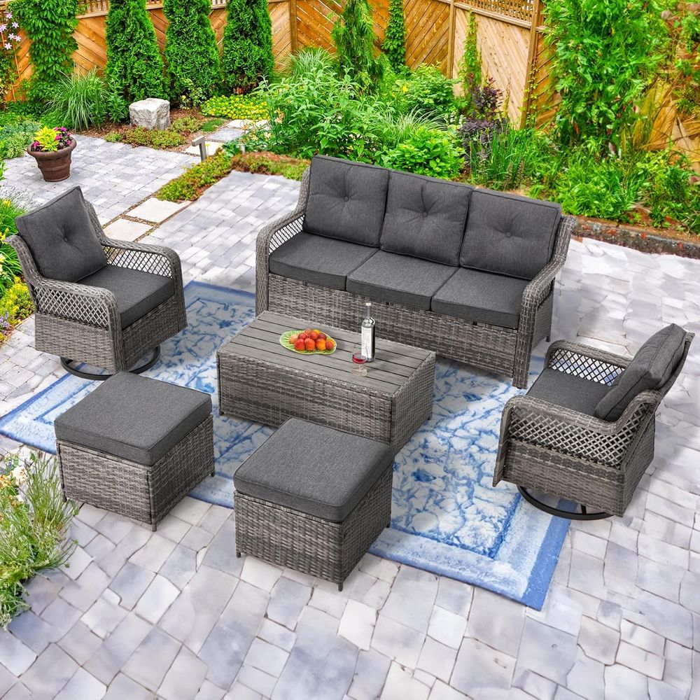 6-Piece Grey Wicker Outdoor Furniture Set with Swivel Rocking Chairs, Patio Glider, Table, and Ottoman
