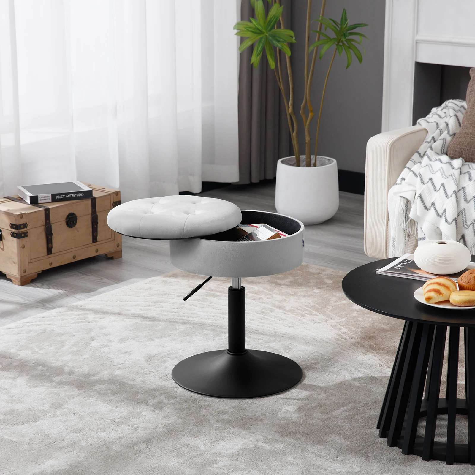 WOLTU Taburete de bar redondo pequeño, silla de bar baja de terciopelo con base de metal, taburete de pie ajustable en altura con almacenamiento para cocina de pub