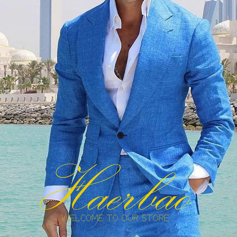 Fato de linho verão masculino, smoking noivo, jaqueta formal de lapela, calça, blazer sob medida, azul, moda, conjunto de 2