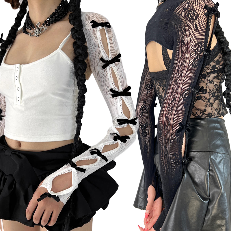 Lolita JK Lace Fingerless Gloves para mulheres, xale preto, cintas góticas DIY, manga protetor solar, luvas de malha punk, acessórios de vestuário