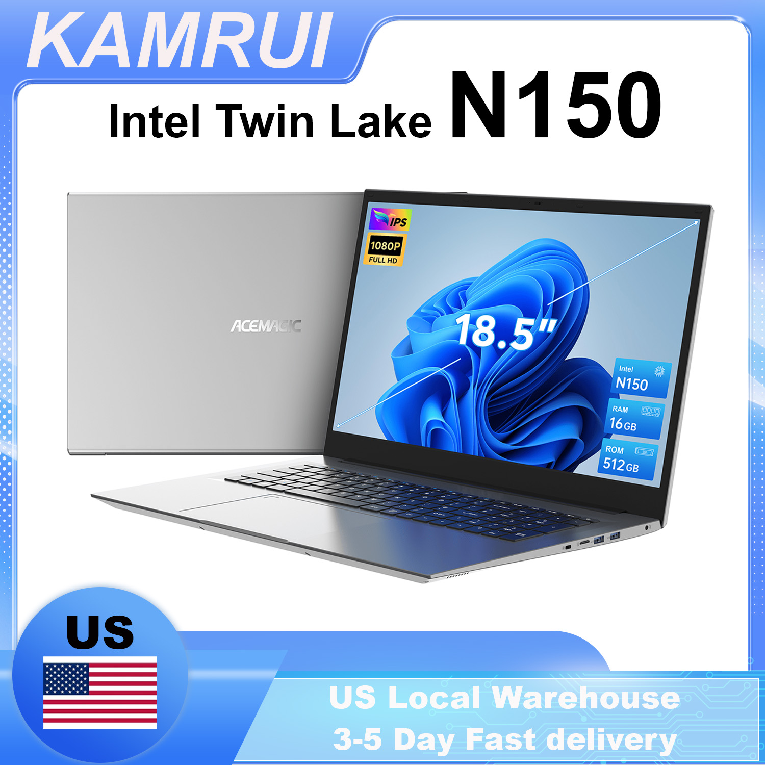 KAMRUI Laptop 18.5" Intel N150 16GB DDR4 512GB M.2 SSD 3.7GHz Windows11 PRO WiFi5 Desktop Notebook Computer
