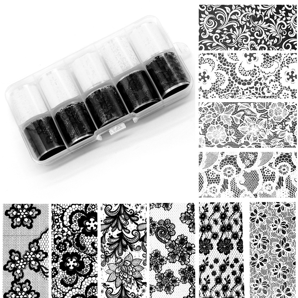 10 Rollos de 2.5*50cm, Lámina Adhesiva de Encaje Negra y Blanca para Decoración de Uñas, Diseño Floral, Adhesivo para Manicura DIY
