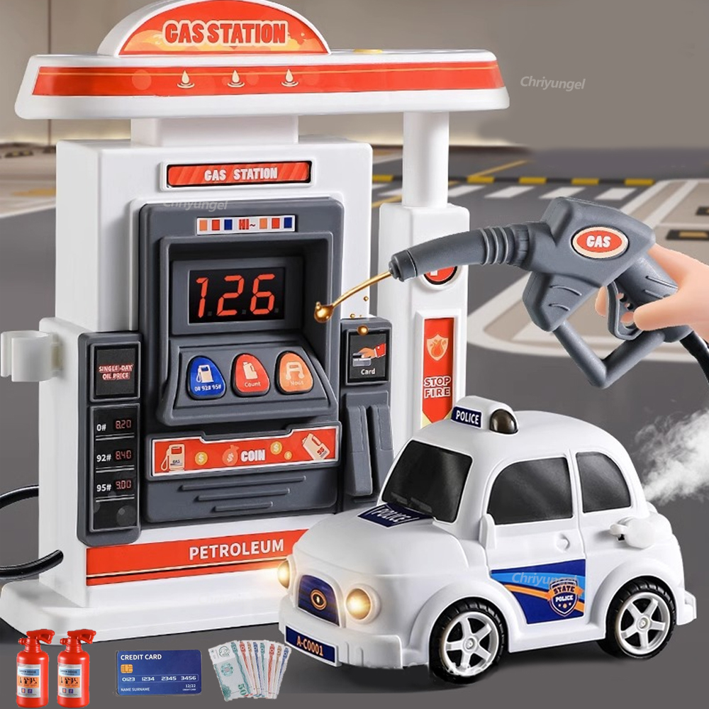 Juguete de gasolinera para niños, bomba de gas de simulación, modelo de juguete con juego de coches de pulverización, juguetes educativos, regalos para niños y niñas