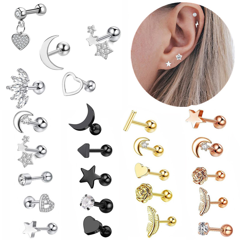 5PCS Tragus Stud ชุดต่างหูหัวใจขนาดเล็กสตั๊ดชุด Lobe เจาะกระดูกอ่อนสตั๊ด Helix เครื่องประดับ Cz Barbell Piercing ต่างหู