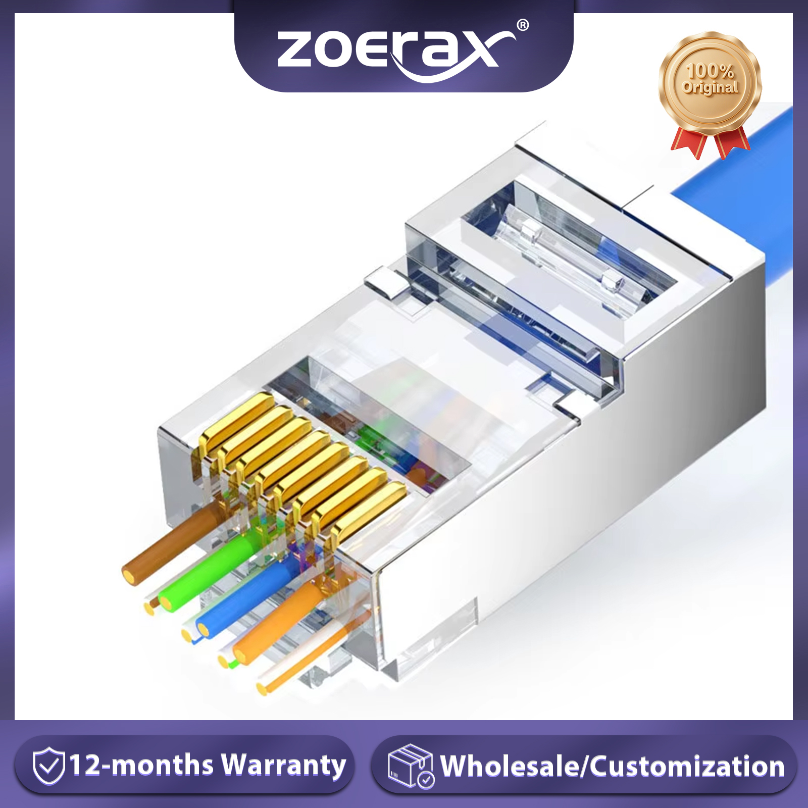 Złącze ZoeRax Pass Through RJ45, pozłacana, ekranowana wtyczka modułowa Cat6 Cat6a 30u z otworem 1,2 mm dla końcówek kabla Ethernet STP 8P8C