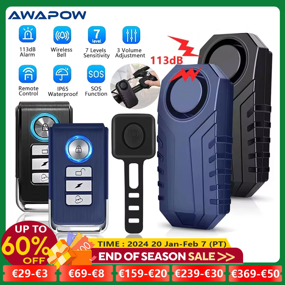 Awapow-Alarme de sécurité antivol étanche pour moto et vélo, télécommande sans fil, alarme antivol pour scooter électrique, 113dB