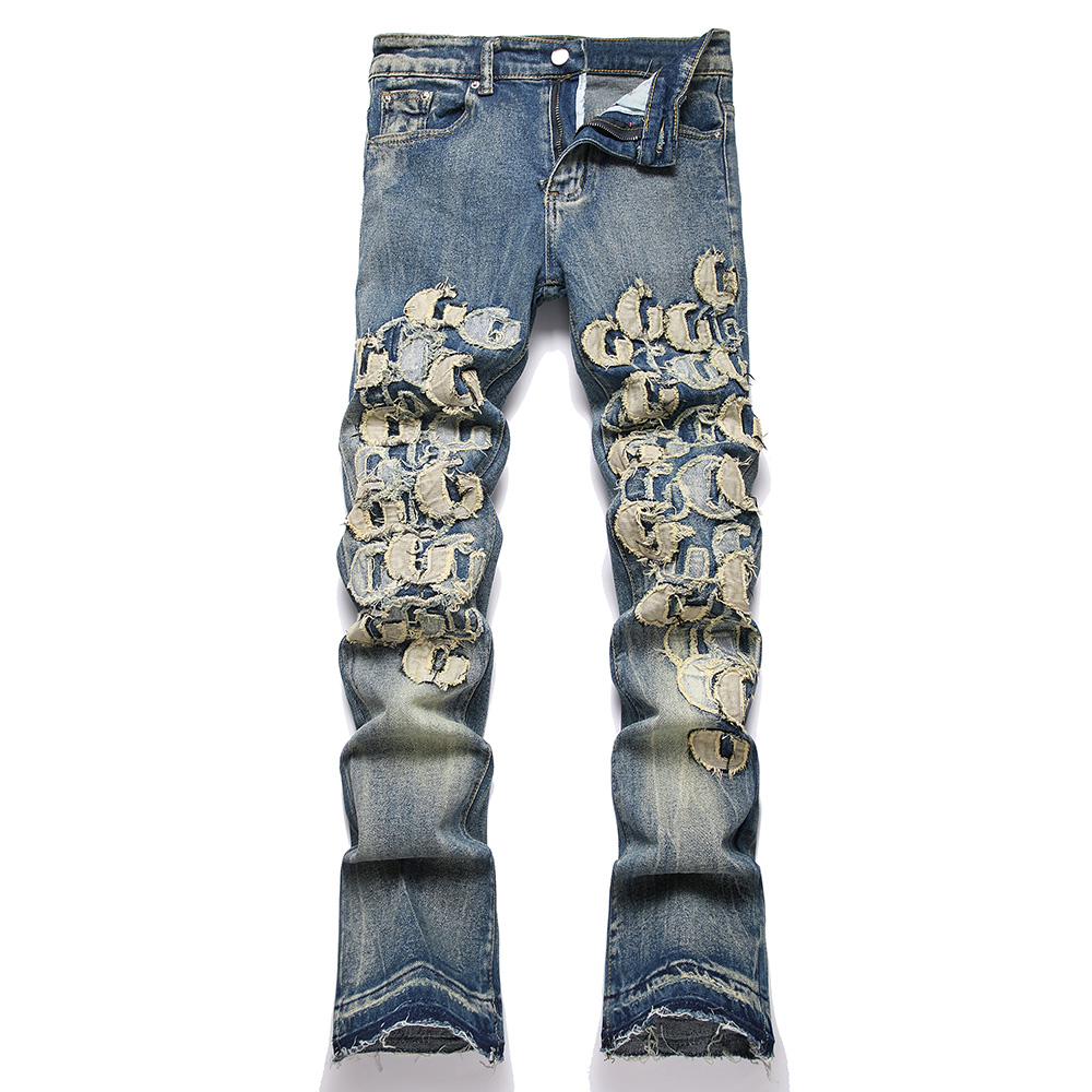 Heren Letters Patch Borduurwerk Denim Jeans Streetwear Release Zoom Distressed Broek Retro Vintage Blauw Slanke Maar Gesneden Wijd Uitlopende Broek