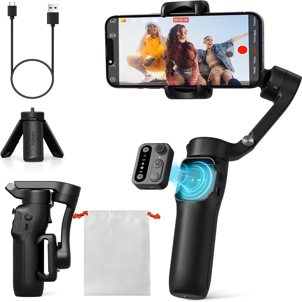 Hohem Bery SE-Stabilisateur de téléphone à cardan avec poignées amovibles, télécommande portable pliable, cardan de téléphone à 3 axes pour Android et iPhone 16