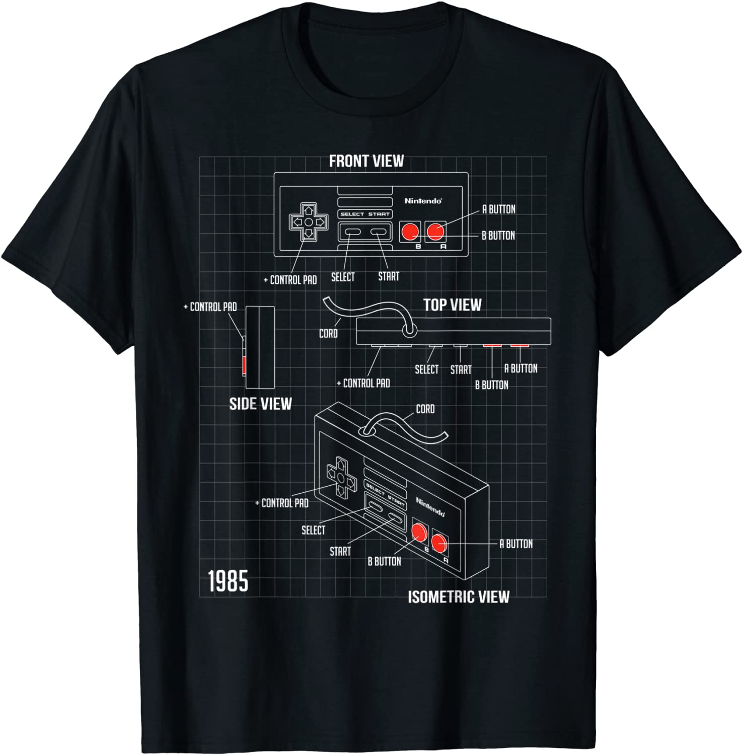 Camiseta gráfica esquemática de peças do controlador Nintendo NES