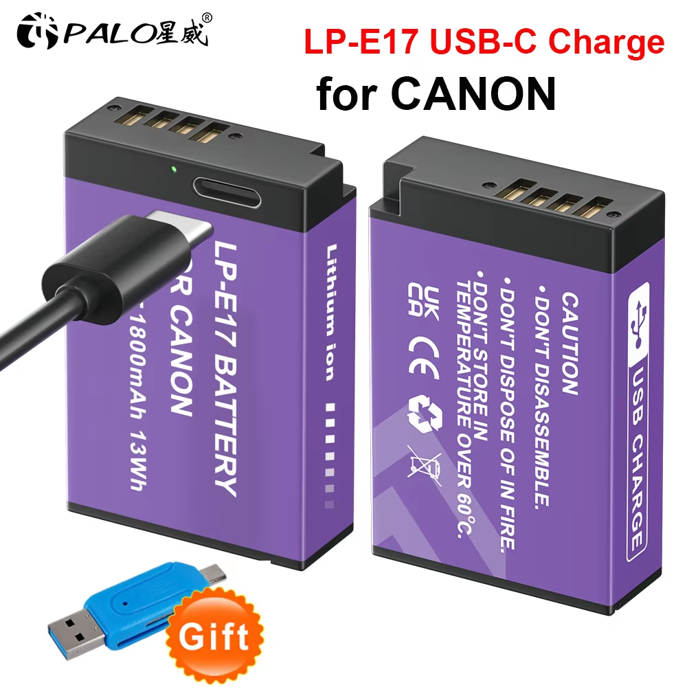 Baterai PALO 1800mAh LPE17 LP E17 LP-E17 dengan Input USB-C untuk Canon EOS RP 200 250D M3 M5 M6 750D 760D T6i T6s 800D 8000D 77D
