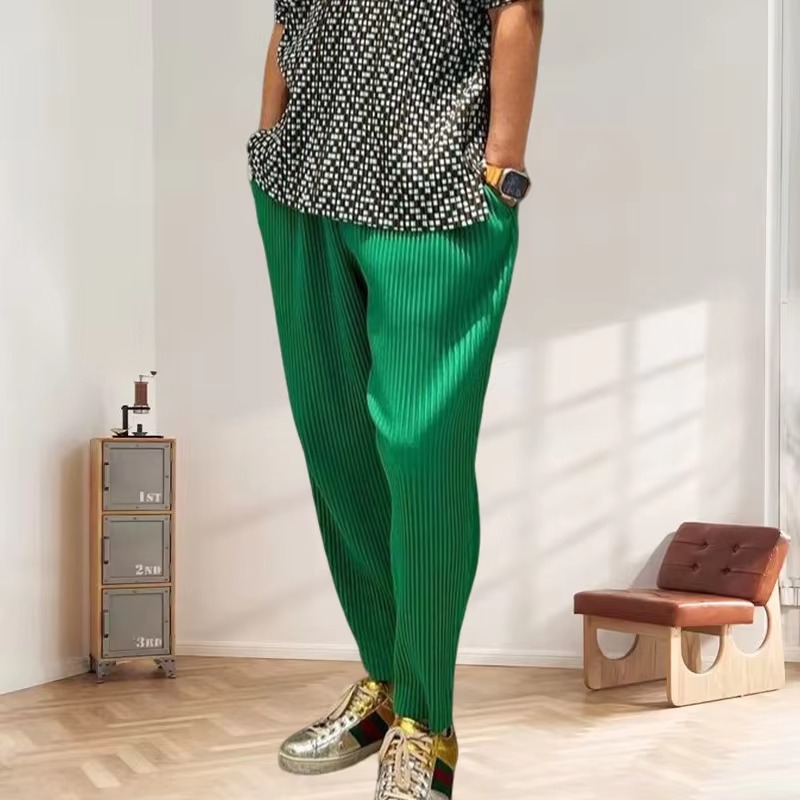Miyake calças plissadas masculinas originais 2025 verão calças plissadas drapeado elástico rabanete casual japonês solto nove dobras calças