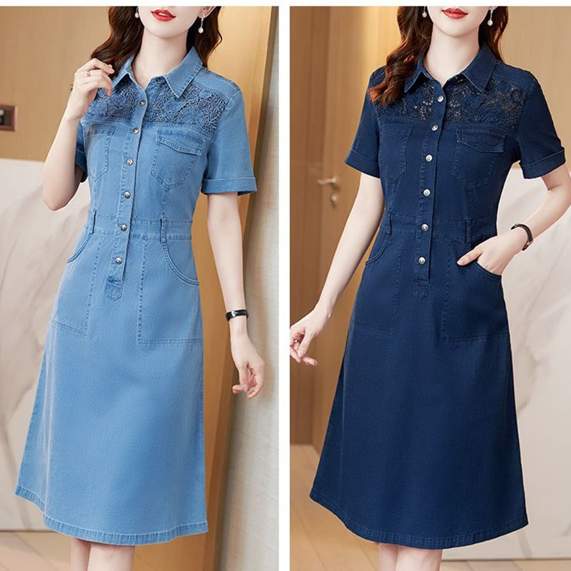 Sommer Neues Damen-Jeanskleid Mode Spitzenbesatz Stickerei Ausgehöhltes Kleid Damen Lässiges Cowgirl-Kleid Weibliche Vestidos