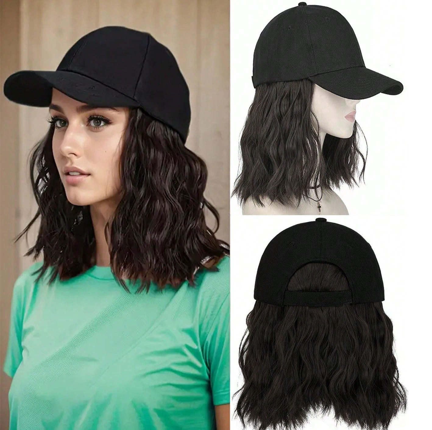 Peluca de sombrero para mujer, peluca de gorra de béisbol de onda corta con extensiones de cabello sintético rizado, peluca de gorra de béisbol negra marrón ajustable