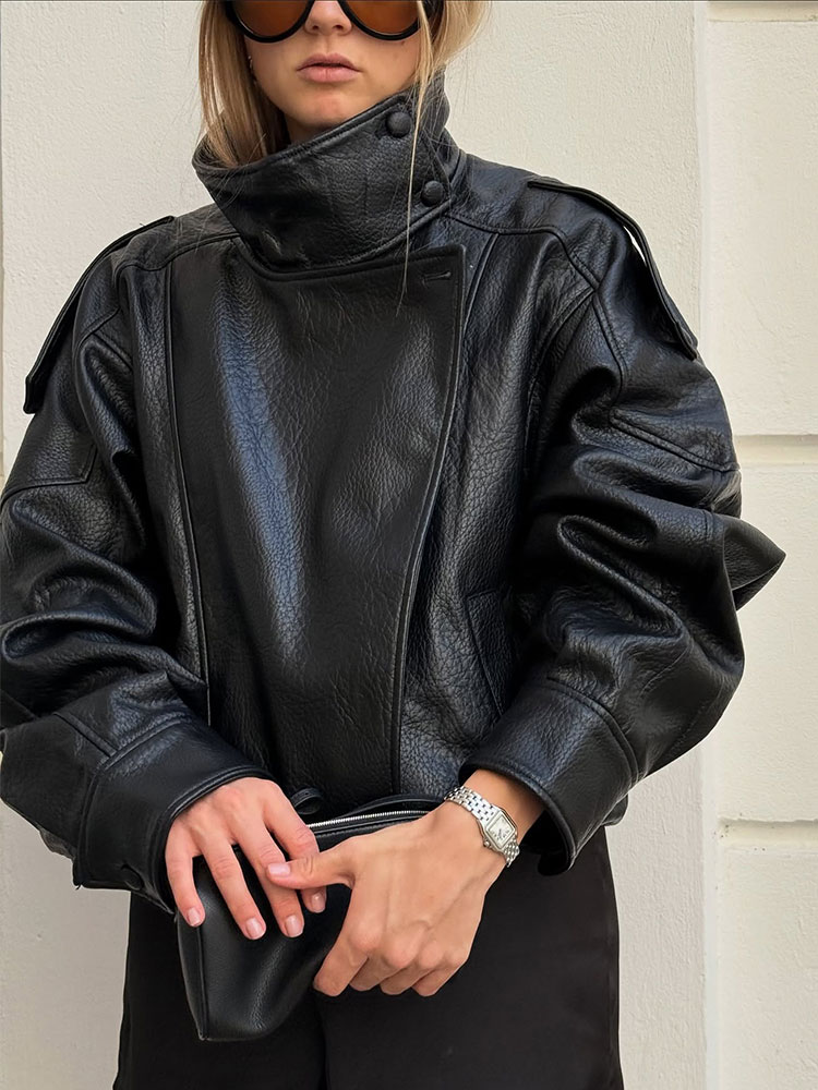 HH Autumn Faux Leather Jacket For Women Casual Solid Long Sleeve Zipper Pu Leather Coats New Fashion Female Streetwear